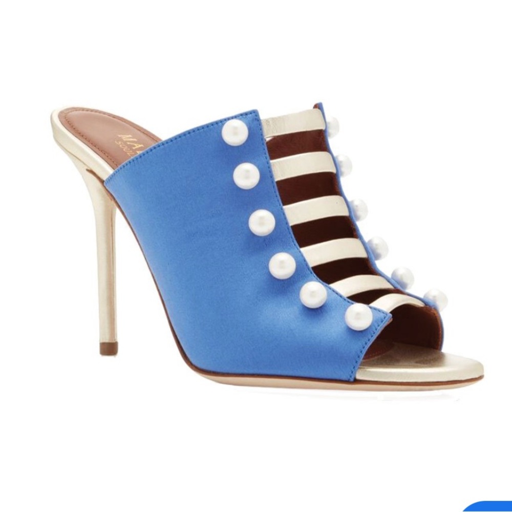 NWT Malone Souliers Blue/Gold Leather And Satin Zada Mule Sandals